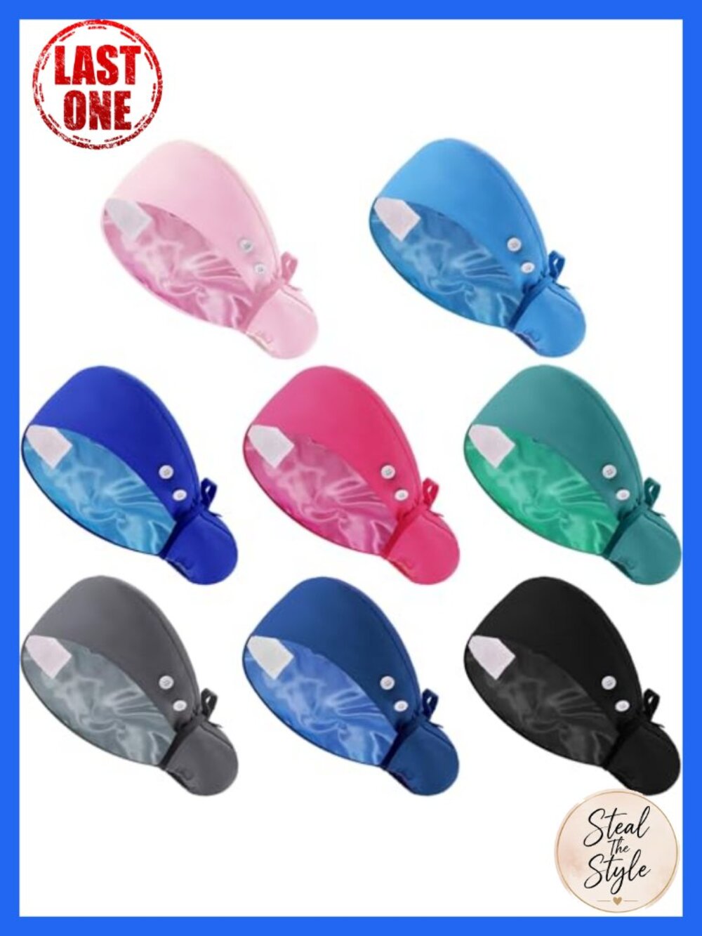 8 Pc Satin Lined Scrub Caps Nurse Hats Buttons Sweatband Adjustable Ponytail